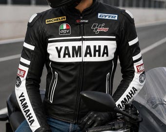 Yamaha Motorbike Black White Leather Racing Jacket Biker Motorcycle Rider Jacket