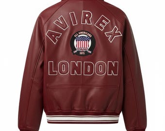 Men’s Avirex London Leather Jacket – Vintage Style Red Varsity Bomber Jacket