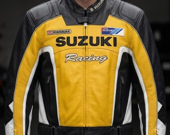 Suzuki Racing Leather Jacket Yellow Black Motorcycle Biker Jacket Men