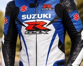 Men Suzuki GSXR Motorbike Leather Jacket Motorcycle Bikers Racing Sports Jacket