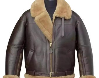 B3 RAF Brown Bomber Flying Aviator Fur Irvin Real Leather Shearling Men's Jacket