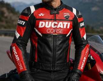 Ducati Corse Leather Motorcycle Jacket :CE Armored, Biker Racing Jacket, Custom Made, Riding Gear