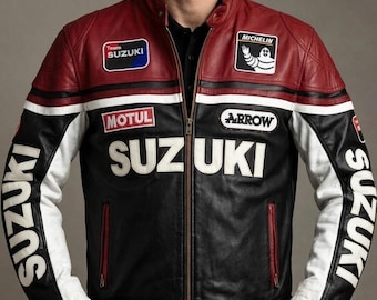 Suzuki Motorcycle Leather Jacket for Men Real Cowhide Racing Biker Sports Jacket