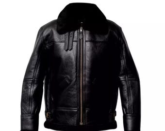 Men's RAF Black Shearling Jacket Real Aviator Flying Sheepskin B3 Bomber Leather Jacket