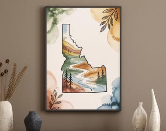 Lámina decorativa de estilo bohemio de Idaho: contorno del estado en acuarela con pinos de montaña y paisaje fluvial.