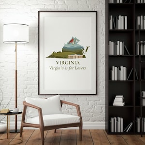Virginia State Map Art Print – &quot;Virginia is for Lovers&quot; Poster | Cardinal, Dogwood, Blue Ridge, Historic Estate | Digital Wall Decor