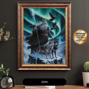 Odin Norse God Digital Art Print - Allfather with Wolves and Ravens Poster, Viking Mythology Wall Decor, Northern Lights Fantasy Scene