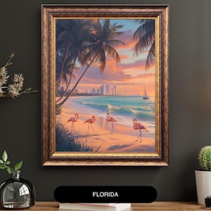 Florida Wall Art Digital Download Flamingo Beach Sunset Print Tropical Ocean Skyline Poster Coastal Palm Tree Illustration