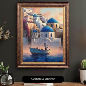Santorini Greece Print: Blue Domed Church, Coastal Art (Digital Download)