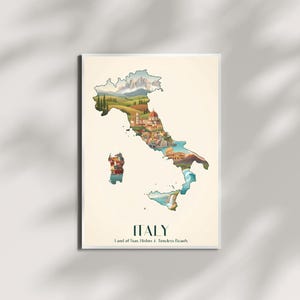 May include: A framed print depicting the shape of Italy, filled with detailed illustrations of its famous landmarks and scenery. The map includes mountains, towns, and coastal views. The text "ITALY" and "Land of Sun, History & Timeless Beauty" are displayed below the map.