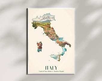 Italy Map Wall Art – Scenic Landscape Illustration | Dolomites, Tuscany, Florence & Rome Printable Poster