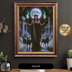 Hecate Greek Goddess Digital Art Print – Dark Moon Magic Poster, Underworld Guardian with Dogs, Witchcraft and Mystery Wall Decor
