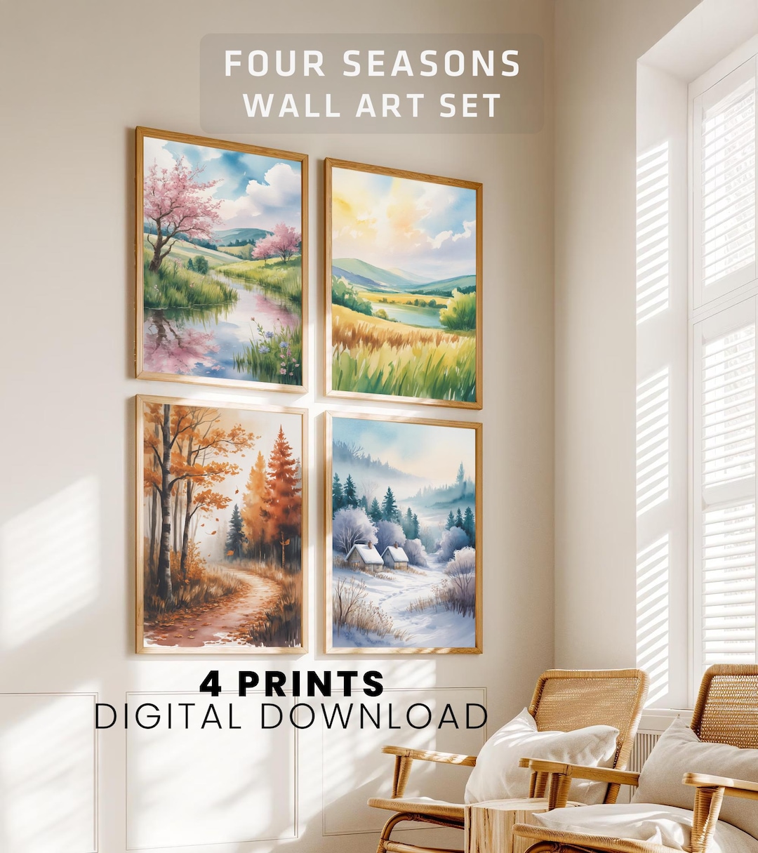 Four Seasons Wall Art Set – Watercolor Landscape Prints, Seasonal ...
