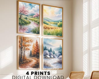 Four Seasons Wall Art Set – Watercolor Landscape Prints, Seasonal Gallery Wall, Printable Nature Decor