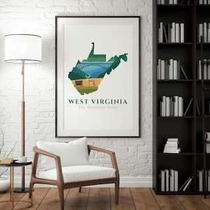Puede incluir: Una impresión artística enmarcada que presenta un mapa estilizado de Virginia Occidental, que muestra un puente, un ciervo y una carreta cubierta dentro del contorno del estado. El texto "WEST VIRGINIA" y "The Mountain State" se muestran debajo.