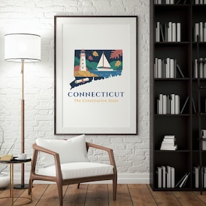Puede incluir: Una impresión artística enmarcada con una ilustración estilizada de Connecticut. El diseño incluye un faro, un velero y hojas de otoño dentro del contorno del estado. El texto dice "Connecticut" y "The Constitution State".