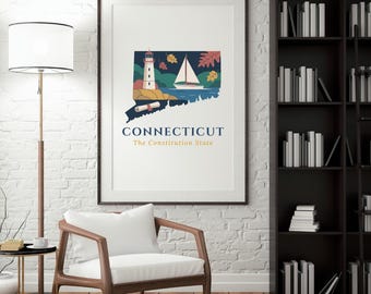May include: A framed art print depicting a stylized illustration of Connecticut. The design includes a lighthouse, sailboat, and autumn leaves within the state's outline. Text reads "Connecticut" and "The Constitution State".