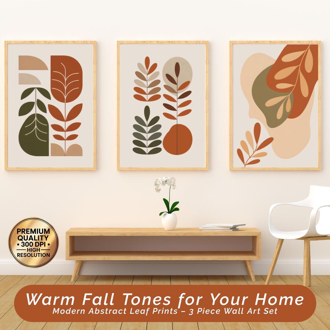 Modern Abstract Fall Leaf Wall Art Prints Set of 3, Warm Autumn Tones ...