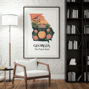 Georgia State Map Wall Art – Peach, Rosebird, Mansion & Southern Landscape – Rustic Digital Art Poster