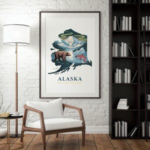 Alaska Map Art Print: Grizzly Bear, Salmon, Northern Lights (PNG + PDF