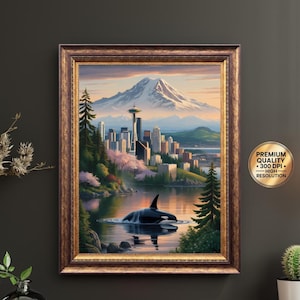 Washington State Wall Art Print with Seattle Skyline Mount Rainier Orcas and Pacific Northwest Forest Digital Download Decor
