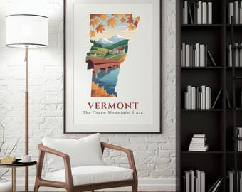 Lámina artística del estado de Vermont: póster del estado de la Montaña Verde con puente cubierto y follaje otoñal / Decoración de pared otoñal de Nueva Inglaterra