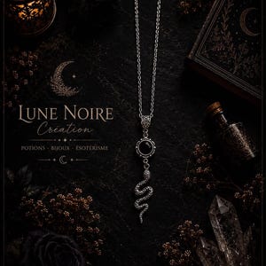 Peut inclure: Un collier argenté composé d'un pendentif circulaire avec une pierre noire centrale et une breloque serpent texturée. Le texte LUNE NOIRE Création POTIONS - BIJOUX - ÉSOTÉRISME est visible sur la gauche de cette composition sombre et mystérieuse.