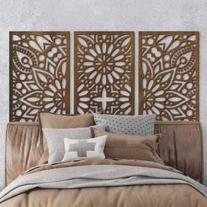 Cabecero de mandala de madera tamaño king, cabecero de mandala tamaño queen, corona de cama de mandala, arte mural de madera de mandala, cabecero bohemio, arte mural sobre la cama