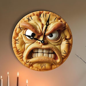 May include: A round wall clock with an angry face design. The clock has a yellow and brown color scheme, with black clock hands. The clock is mounted on a beige wall, with candles and decorative items on a shelf below.