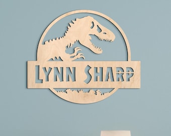 Houten naambord Jurassic World, wanddecoratie dinosaurus met naam, Jurassic World-kunstwerken op maat, wanddecoratie dinosaurus kinderkamer