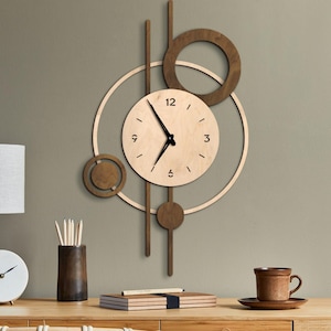 Orologio da parete geometrico, orologio da parete moderno in legno, orologio da parete di metà secolo, orologio da parete astratto, orologio da parete di grandi dimensioni, grande orologio da parete in legno