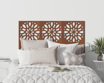 Blumenholz Kopfteil Königin, Boho Bettrahmen, Geometrisches Kopfteil, Holzkopfteil, modernes Kopfteil, rustikales Holzkopfteil