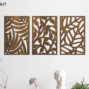 Set of 3 tropical leaf wood wall art, Wood monstera wall decor, Botanical wood art panels, Abstract leaf wall art, Farmhouse wood wall art
