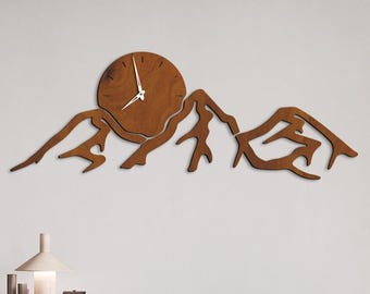 Wood mountain wall clock, Handmade wooden clock, Landscape wall clock, Wood nature wall clock, Woodland wall clock, Non ticking clocks