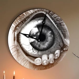 May include: A circular wall clock featuring a black and white eye design. The clock hands are black. The clock is displayed above a mantelpiece with lit candles and black candle holders. A black vase and decorative items are also on the mantelpiece.