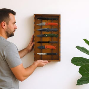 Handmade knife storage case, Wooden knife display box, Wood pocket knife display case, Knife shadow box, Pocket knife storage box