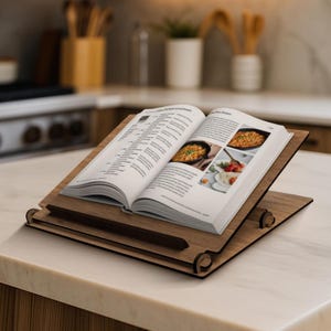 May include: A wooden cookbook stand holds an open cookbook with recipes and food photos. The stand is made of light brown wood and has a simple, functional design. The stand is on a white countertop in a kitchen setting.