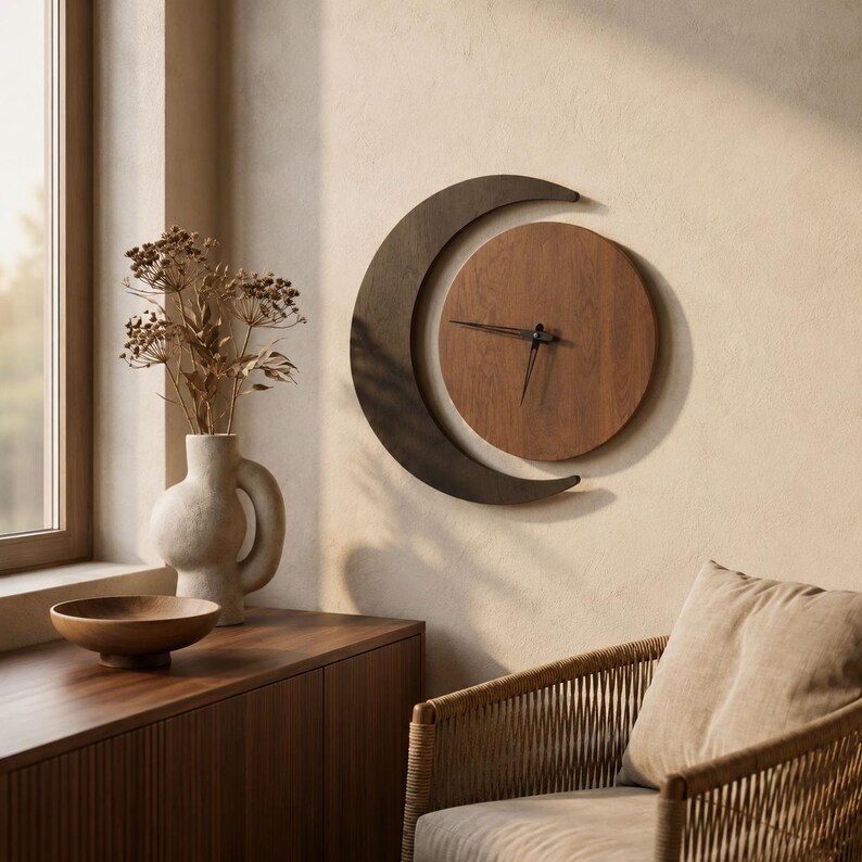 May include: A wall clock featuring a circular wooden face with black hands, partially framed by a dark brown crescent moon shape. The clock is mounted on a wall, showcasing a natural wood grain finish and a clean, geometric design.