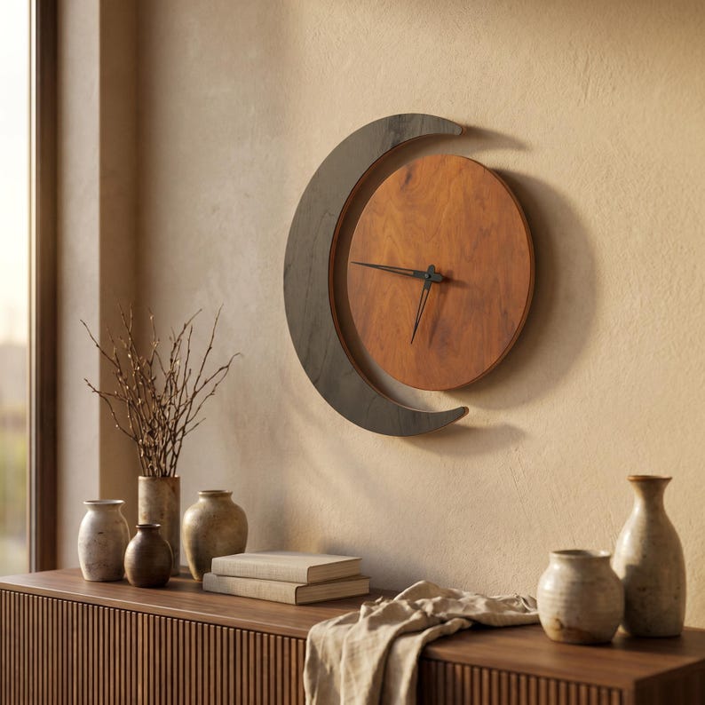 May include: A wall clock featuring a circular wooden face with a warm brown grain, partially enclosed by a dark gray crescent-shaped frame. The clock has two thin black hands positioned at the center of the circular face to indicate the time.