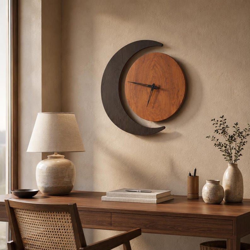 May include: A wall clock featuring a circular light brown wood face partially enclosed by a dark brown crescent moon shape. The clock has thin black hands and no numerals. The design combines a circular clock face with a crescent moon frame.