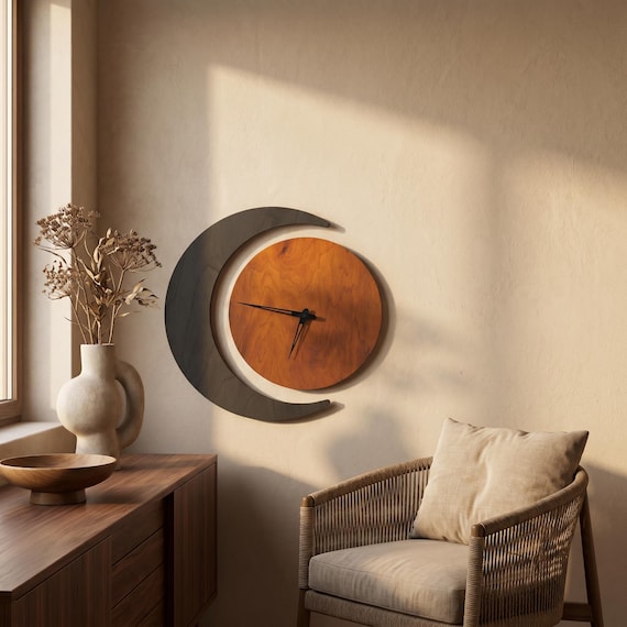 Crescent Moon Wall Clock, Wooden Moon Clock, Modern Silent Wall Clock, Celestial Wood Clock, Boho Living Room Decor