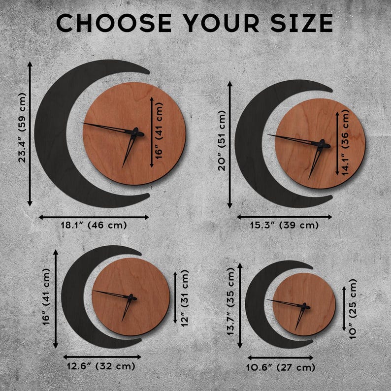 May include: Four crescent moon-shaped wall clocks with circular wooden faces and black hands. The text CHOOSE YOUR SIZE is at the top. Dimensions are provided in inches and centimeters for each clock, ranging from 10.6 to 23.4 inches in width.