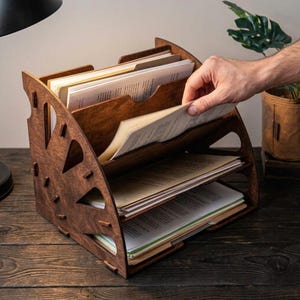 May include: A wooden desk organizer with three tiers and angled sides. The organizer is stained a dark brown and holds papers and files. A hand reaches into the top section. The design includes decorative cutouts on the sides.