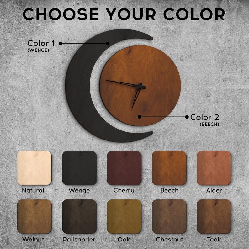 May include: A crescent moon-shaped wall clock with a circular face, featuring black hands. The text CHOOSE YOUR COLOR appears at the top. Below, a grid of ten square wood samples labeled Natural, Wenge, Cherry, Beech, Alder, Walnut, Palisander, Oak, Chestnut, and Teak.