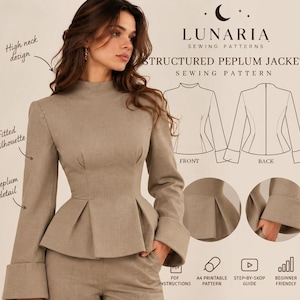 Puede incluir: Un patrón de costura para chaqueta estructurada con peplum en color beige de Lunaria. El diseño presenta cuello alto, silueta entallada y detalle de peplum. Incluye dibujos técnicos de frente y espalda, detalles de puños e iconos para instrucciones en PDF, patrón imprimible A4, guía paso a paso y nivel para principiantes.