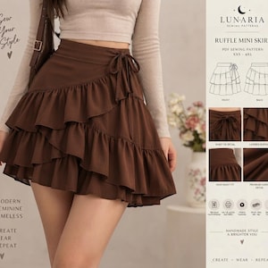 May include: A brown mini skirt featuring a high-waisted design with a side tie closure and multiple cascading ruffle layers. The skirt is presented as a sewing pattern by Lunaria, labeled Ruffle Mini Skirt, with technical diagrams showing front and back views, waist tie detail, and fabric texture.
