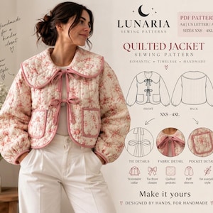 May include: A quilted jacket sewing pattern by Lunaria featuring a cream and pink floral print, a large statement collar, puff sleeves, and a tie-front closure. The PDF pattern includes sizes XXS to 4KL with detailed illustrations of the front, back, tie details, fabric texture, and pocket construction.
