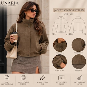 Puede incluir: Un patrón de costura para chaqueta Lunaria en color marrón con cuello alto, cierre de botones a presión y puños elásticos. La imagen incluye dibujos técnicos, detalles circulares del cuello, bolsillo, manga y dobladillo, y texto.