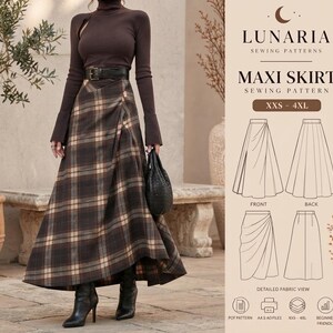 Puede incluir: Un patrón de costura para falda larga de Lunaria en tela de cuadros marrón y beige, con diseño de cintura alta y cinturón. La imagen incluye dibujos técnicos de las vistas frontal y trasera, tallas XXS-4XL e iconos para archivos PDF.