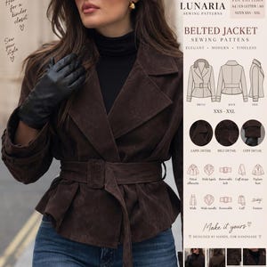 Könnte beinhalten: Ein dunkelbraunes Schnittmuster für eine Gürteljacke von Lunaria mit breitem Revers, abnehmbarem Gürtel, Ärmelriegeln und Schößchensaum. Das PDF-Schnittmuster enthält technische Skizzen der Vorder-, Rück- und Seitenansicht in den Größen XXS bis XXL.